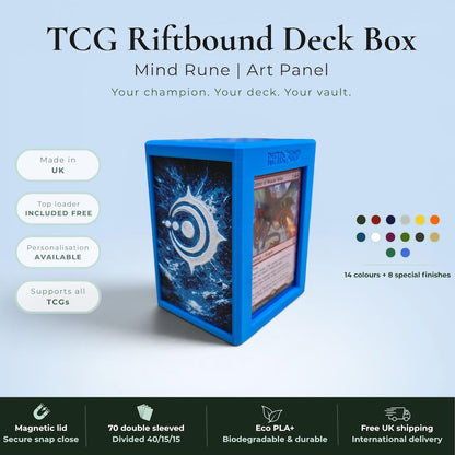 Glyphbound Mind Rune Riftbound Magnetic TCG Deck Box | HueForge Multi-Colour Art Panel | Blue Mind Rune Edition | Compatible with Riftbound, Pokémon TCG, Yu-Gi-Oh! and MTG Draft | Holds 70 Double Sleeved Cards | UK Made by Origin·S Studio Rotherham | Gift for TCG Player