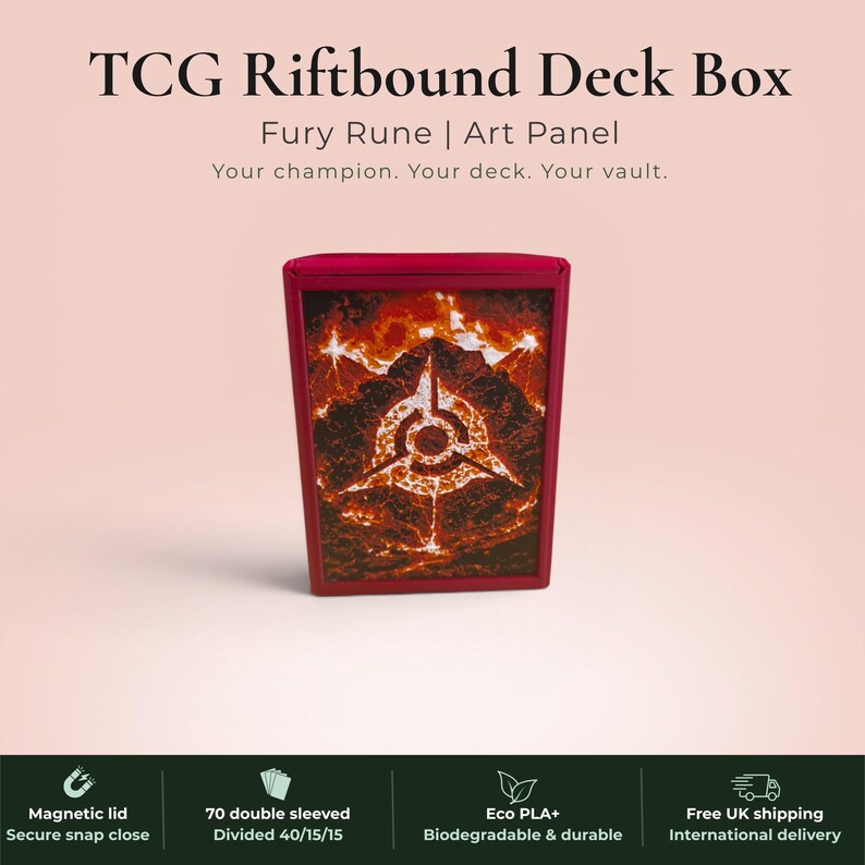 Glyphbound Fury Rune Riftbound Magnetic TCG Deck Box | HueForge Multi-Colour Art Panel | Red Fury Rune Edition | Compatible with Riftbound, Pokémon TCG, Yu-Gi-Oh! and MTG Draft | Holds 70 Double Sleeved Cards | UK Made by Origin·S Studio Rotherham | Gift for TCG Player
