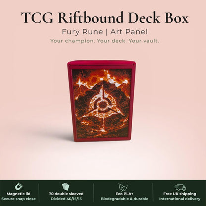 Glyphbound Fury Rune Riftbound Magnetic TCG Deck Box | HueForge Multi-Colour Art Panel | Red Fury Rune Edition | Compatible with Riftbound, Pokémon TCG, Yu-Gi-Oh! and MTG Draft | Holds 70 Double Sleeved Cards | UK Made by Origin·S Studio Rotherham | Gift for TCG Player