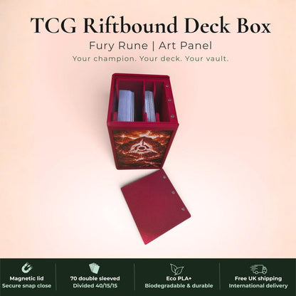 Glyphbound Fury Rune Riftbound Magnetic TCG Deck Box | HueForge Multi-Colour Art Panel | Red Fury Rune Edition | Compatible with Riftbound, Pokémon TCG, Yu-Gi-Oh! and MTG Draft | Holds 70 Double Sleeved Cards | UK Made by Origin·S Studio Rotherham | Gift for TCG Player
