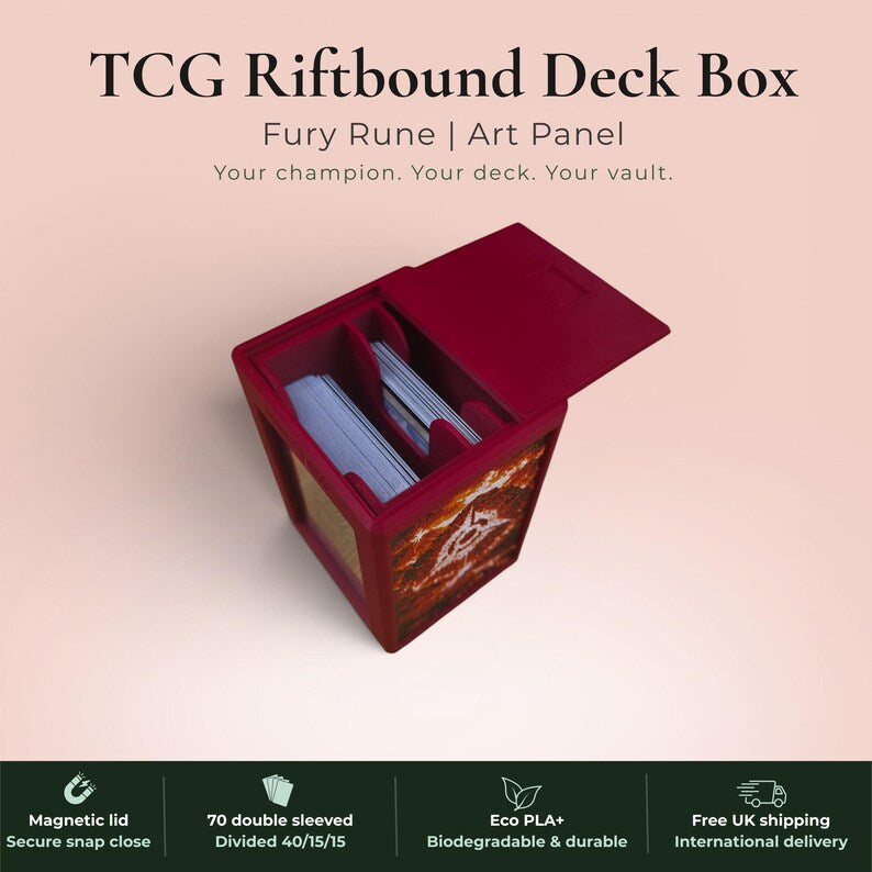Glyphbound Fury Rune Riftbound Magnetic TCG Deck Box | HueForge Multi-Colour Art Panel | Red Fury Rune Edition | Compatible with Riftbound, Pokémon TCG, Yu-Gi-Oh! and MTG Draft | Holds 70 Double Sleeved Cards | UK Made by Origin·S Studio Rotherham | Gift for TCG Player