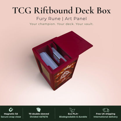 Glyphbound Fury Rune Riftbound Magnetic TCG Deck Box | HueForge Multi-Colour Art Panel | Red Fury Rune Edition | Compatible with Riftbound, Pokémon TCG, Yu-Gi-Oh! and MTG Draft | Holds 70 Double Sleeved Cards | UK Made by Origin·S Studio Rotherham | Gift for TCG Player