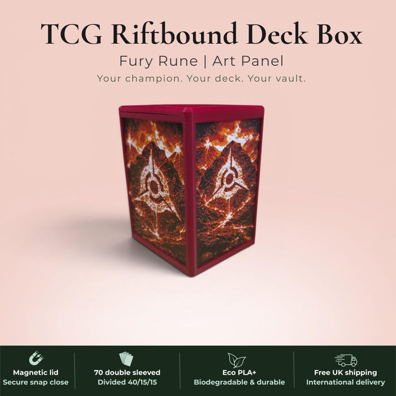 Glyphbound Fury Rune Riftbound Magnetic TCG Deck Box | HueForge Multi-Colour Art Panel | Red Fury Rune Edition | Compatible with Riftbound, Pokémon TCG, Yu-Gi-Oh! and MTG Draft | Holds 70 Double Sleeved Cards | UK Made by Origin·S Studio Rotherham | Gift for TCG Player