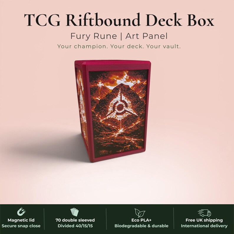 Glyphbound Fury Rune Riftbound Magnetic TCG Deck Box | HueForge Multi-Colour Art Panel | Red Fury Rune Edition | Compatible with Riftbound, Pokémon TCG, Yu-Gi-Oh! and MTG Draft | Holds 70 Double Sleeved Cards | UK Made by Origin·S Studio Rotherham | Gift for TCG Player