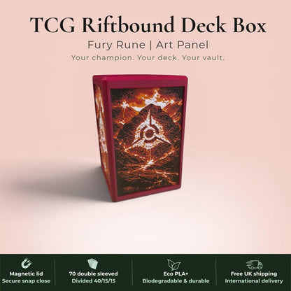 Glyphbound Fury Rune Riftbound Magnetic TCG Deck Box | HueForge Multi-Colour Art Panel | Red Fury Rune Edition | Compatible with Riftbound, Pokémon TCG, Yu-Gi-Oh! and MTG Draft | Holds 70 Double Sleeved Cards | UK Made by Origin·S Studio Rotherham | Gift for TCG Player