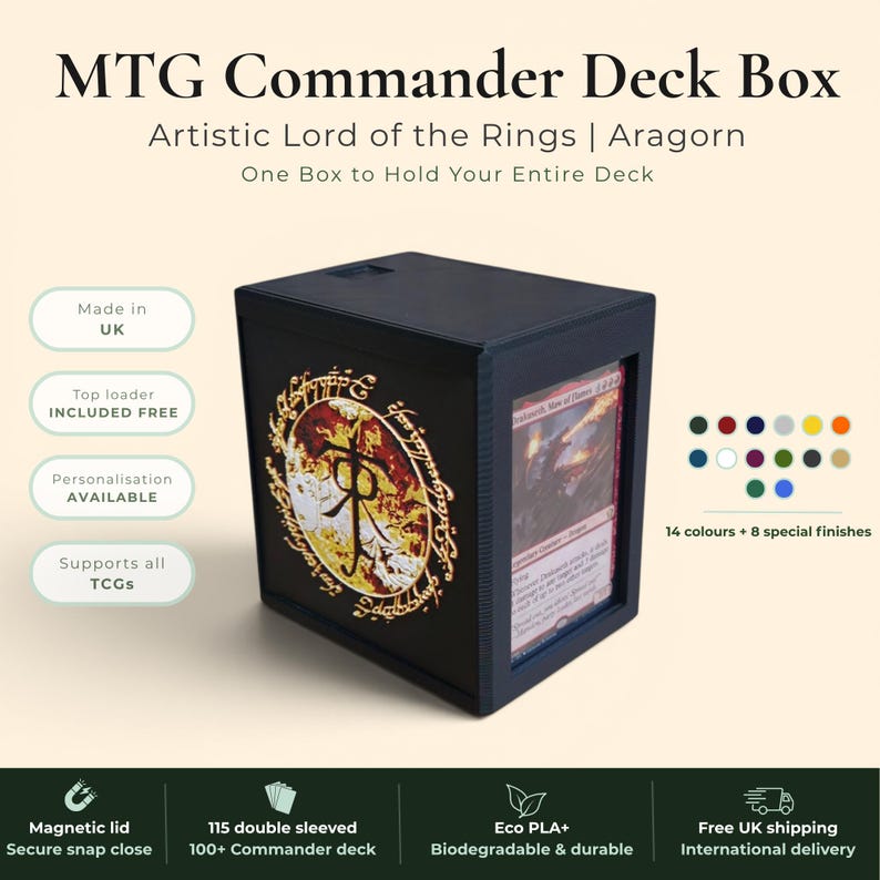 Aragorn King of Gondor MTG Commander deck box — 3D printed PLA+, handcrafted in the UK. Features Aragorn wielding Andúril in crimson and gold, One Ring Elvish rune inscriptions, magnetic closure, holds 115+ double sleeved cards, hero display compartment included. Perfect for MTG EDH, Lord of the Rings TCG, Lorcana and Pokémon TCG fans.