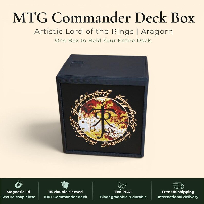 Aragorn King of Gondor MTG Commander deck box — 3D printed PLA+, handcrafted in the UK. Features Aragorn wielding Andúril in crimson and gold, One Ring Elvish rune inscriptions, magnetic closure, holds 115+ double sleeved cards, hero display compartment included. Perfect for MTG EDH, Lord of the Rings TCG, Lorcana and Pokémon TCG fans.