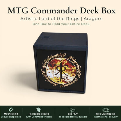 Aragorn King of Gondor MTG Commander deck box — 3D printed PLA+, handcrafted in the UK. Features Aragorn wielding Andúril in crimson and gold, One Ring Elvish rune inscriptions, magnetic closure, holds 115+ double sleeved cards, hero display compartment included. Perfect for MTG EDH, Lord of the Rings TCG, Lorcana and Pokémon TCG fans.