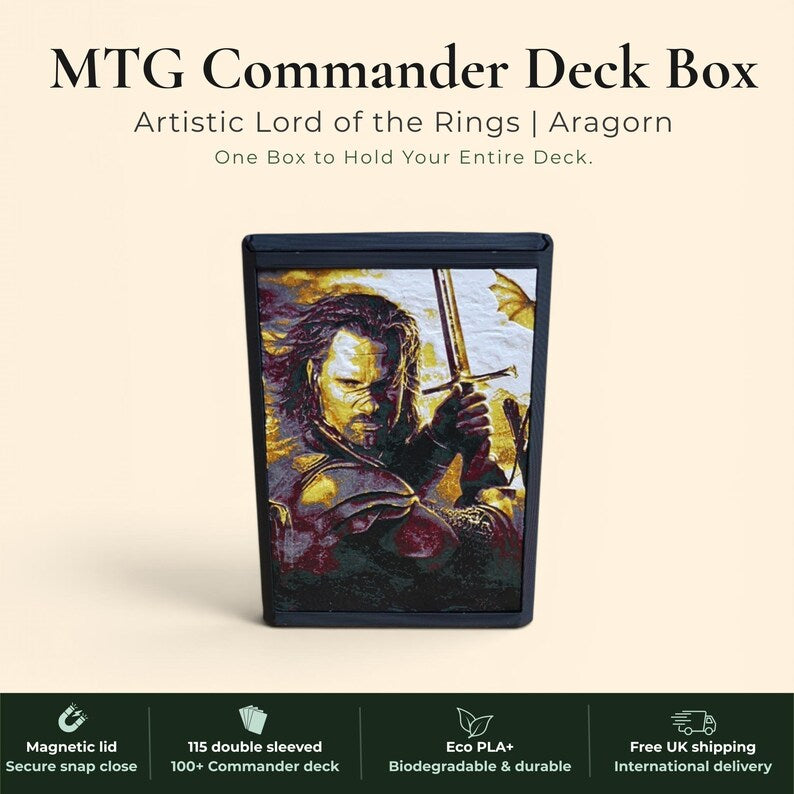 Aragorn King of Gondor MTG Commander deck box — 3D printed PLA+, handcrafted in the UK. Features Aragorn wielding Andúril in crimson and gold, One Ring Elvish rune inscriptions, magnetic closure, holds 115+ double sleeved cards, hero display compartment included. Perfect for MTG EDH, Lord of the Rings TCG, Lorcana and Pokémon TCG fans.