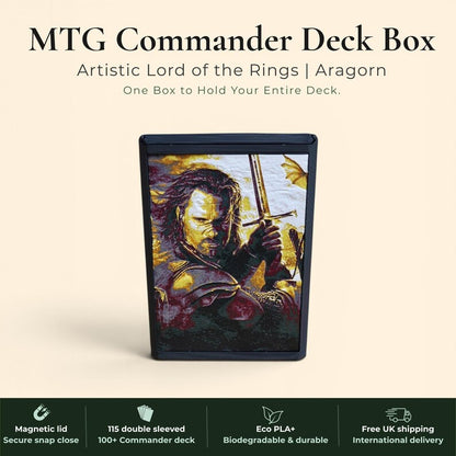Aragorn King of Gondor MTG Commander deck box — 3D printed PLA+, handcrafted in the UK. Features Aragorn wielding Andúril in crimson and gold, One Ring Elvish rune inscriptions, magnetic closure, holds 115+ double sleeved cards, hero display compartment included. Perfect for MTG EDH, Lord of the Rings TCG, Lorcana and Pokémon TCG fans.