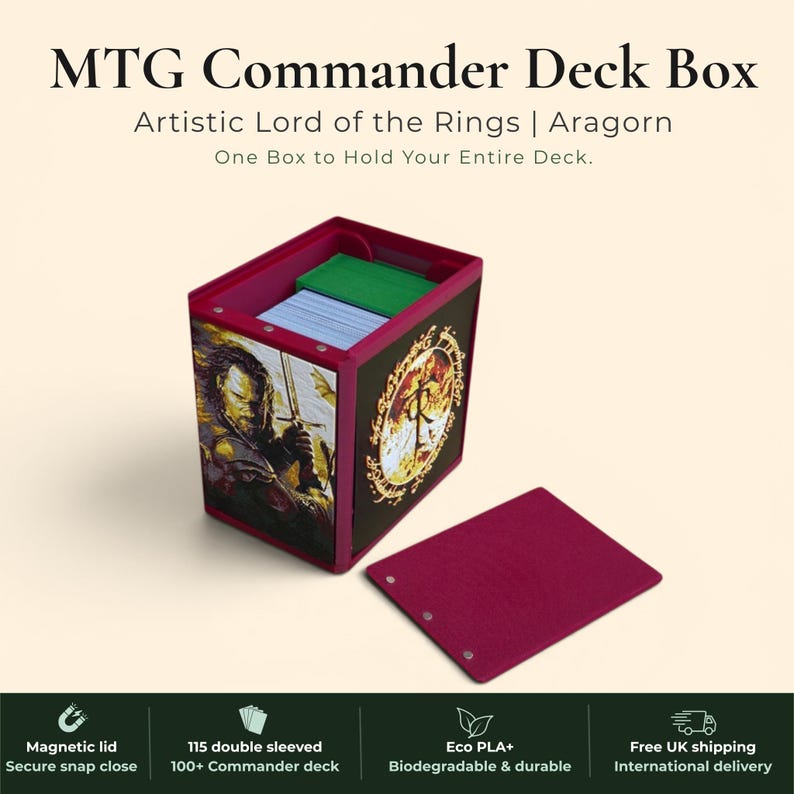 Aragorn King of Gondor MTG Commander deck box — 3D printed PLA+, handcrafted in the UK. Features Aragorn wielding Andúril in crimson and gold, One Ring Elvish rune inscriptions, magnetic closure, holds 115+ double sleeved cards, hero display compartment included. Perfect for MTG EDH, Lord of the Rings TCG, Lorcana and Pokémon TCG fans.