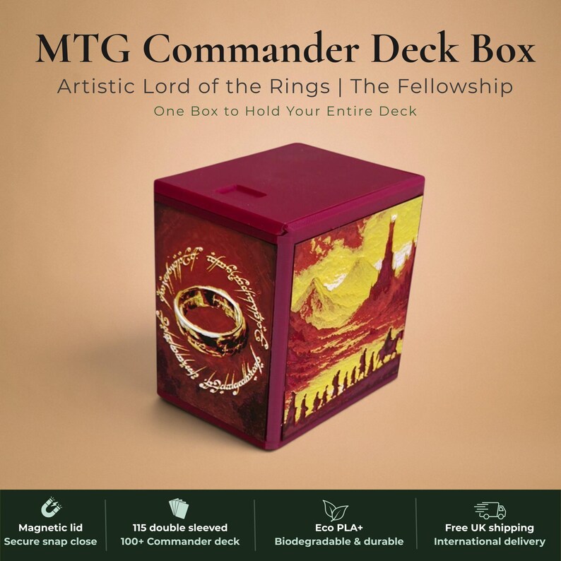 Lord of the Rings Fellowship of the Ring Commander deck box, black and burgundy red magnetic card vault with Fellowship silhouettes marching toward Barad-dur Eye of Sauron on crimson gold sky and One Ring elvish rune inscription art, fits 115 double sleeved cards, MTG Commander EDH, Magic the Gathering, One Piece TCG, Disney Lorcana, Pokemon TCG, Flesh and Blood, tolkien fantasy gift, LOTR middle earth gift, made in UK Rotherham