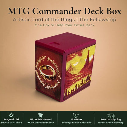 Lord of the Rings Fellowship of the Ring Commander deck box, black and burgundy red magnetic card vault with Fellowship silhouettes marching toward Barad-dur Eye of Sauron on crimson gold sky and One Ring elvish rune inscription art, fits 115 double sleeved cards, MTG Commander EDH, Magic the Gathering, One Piece TCG, Disney Lorcana, Pokemon TCG, Flesh and Blood, tolkien fantasy gift, LOTR middle earth gift, made in UK Rotherham
