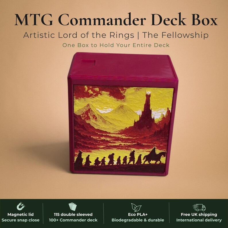Lord of the Rings Fellowship of the Ring Commander deck box, black and burgundy red magnetic card vault with Fellowship silhouettes marching toward Barad-dur Eye of Sauron on crimson gold sky and One Ring elvish rune inscription art, fits 115 double sleeved cards, MTG Commander EDH, Magic the Gathering, One Piece TCG, Disney Lorcana, Pokemon TCG, Flesh and Blood, tolkien fantasy gift, LOTR middle earth gift, made in UK Rotherham