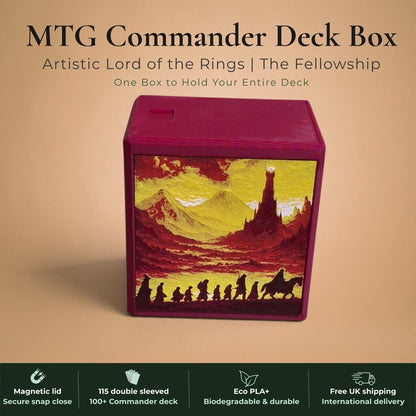 Lord of the Rings Fellowship of the Ring Commander deck box, black and burgundy red magnetic card vault with Fellowship silhouettes marching toward Barad-dur Eye of Sauron on crimson gold sky and One Ring elvish rune inscription art, fits 115 double sleeved cards, MTG Commander EDH, Magic the Gathering, One Piece TCG, Disney Lorcana, Pokemon TCG, Flesh and Blood, tolkien fantasy gift, LOTR middle earth gift, made in UK Rotherham