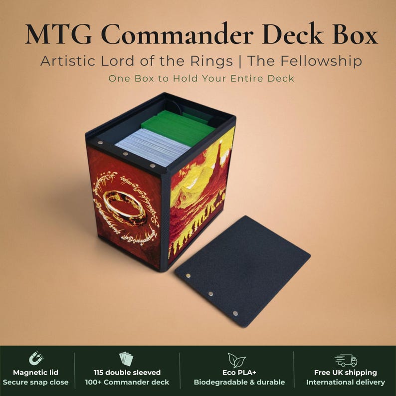 Lord of the Rings Fellowship of the Ring Commander deck box, black and burgundy red magnetic card vault with Fellowship silhouettes marching toward Barad-dur Eye of Sauron on crimson gold sky and One Ring elvish rune inscription art, fits 115 double sleeved cards, MTG Commander EDH, Magic the Gathering, One Piece TCG, Disney Lorcana, Pokemon TCG, Flesh and Blood, tolkien fantasy gift, LOTR middle earth gift, made in UK Rotherham