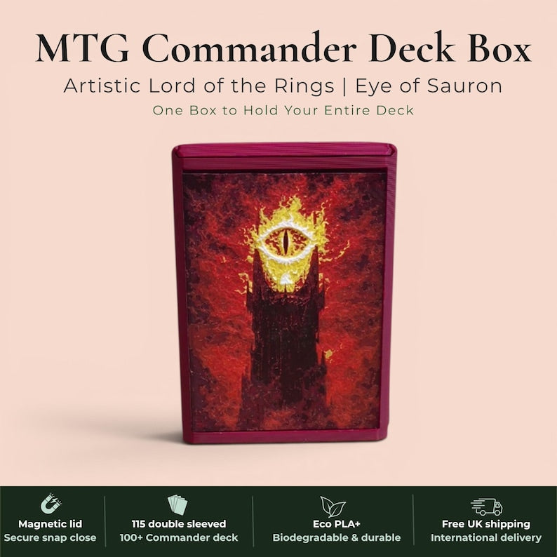 Lord of the Rings Eye of Sauron MTG Commander deck box — 3D printed PLA+, handcrafted in the UK. Features the fiery Eye of Sauron and One Ring with Elvish rune inscriptions in crimson and gold. Magnetic closure, holds 115+ double sleeved cards, hero display compartment included. Available in black, burgundy red or forest green. Perfect for MTG EDH, Lorcana, Pokémon TCG fans.