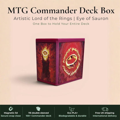 Lord of the Rings Eye of Sauron MTG Commander deck box — 3D printed PLA+, handcrafted in the UK. Features the fiery Eye of Sauron and One Ring with Elvish rune inscriptions in crimson and gold. Magnetic closure, holds 115+ double sleeved cards, hero display compartment included. Available in black, burgundy red or forest green. Perfect for MTG EDH, Lorcana, Pokémon TCG fans.