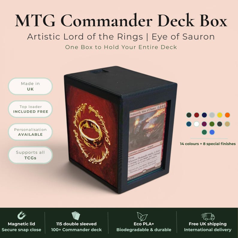 Lord of the Rings Eye of Sauron MTG Commander deck box — 3D printed PLA+, handcrafted in the UK. Features the fiery Eye of Sauron and One Ring with Elvish rune inscriptions in crimson and gold. Magnetic closure, holds 115+ double sleeved cards, hero display compartment included. Available in black, burgundy red or forest green. Perfect for MTG EDH, Lorcana, Pokémon TCG fans.