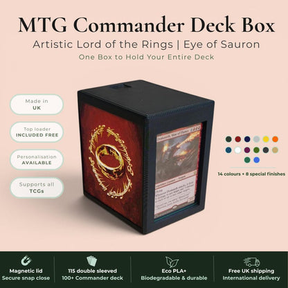 Lord of the Rings Eye of Sauron MTG Commander deck box — 3D printed PLA+, handcrafted in the UK. Features the fiery Eye of Sauron and One Ring with Elvish rune inscriptions in crimson and gold. Magnetic closure, holds 115+ double sleeved cards, hero display compartment included. Available in black, burgundy red or forest green. Perfect for MTG EDH, Lorcana, Pokémon TCG fans.
