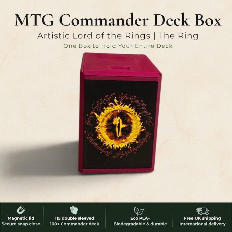 Lord of the Rings One Ring Commander deck box, black magnetic card vault with gold burning ring art, fits 115 double sleeved cards, MTG Commander EDH, Magic the Gathering, One Piece TCG, Disney Lorcana, Pokemon TCG, Flesh and Blood, tolkien fantasy gift, LOTR deck box, middle earth, top loader included, made in UK Rotherham
