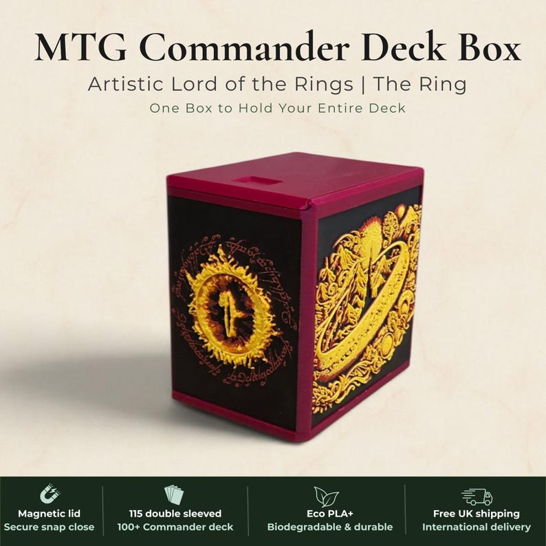 Lord of the Rings One Ring Commander deck box, black magnetic card vault with gold burning ring art, fits 115 double sleeved cards, MTG Commander EDH, Magic the Gathering, One Piece TCG, Disney Lorcana, Pokemon TCG, Flesh and Blood, tolkien fantasy gift, LOTR deck box, middle earth, top loader included, made in UK Rotherham