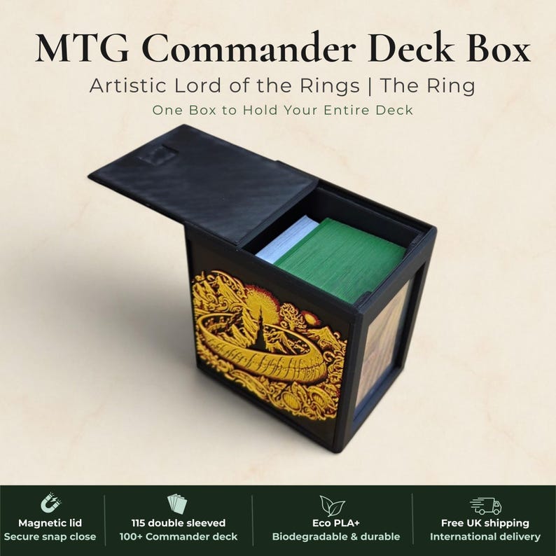 Lord of the Rings One Ring Commander deck box, black magnetic card vault with gold burning ring art, fits 115 double sleeved cards, MTG Commander EDH, Magic the Gathering, One Piece TCG, Disney Lorcana, Pokemon TCG, Flesh and Blood, tolkien fantasy gift, LOTR deck box, middle earth, top loader included, made in UK Rotherham
