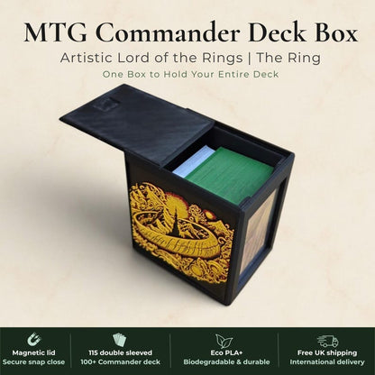 Lord of the Rings One Ring Commander deck box, black magnetic card vault with gold burning ring art, fits 115 double sleeved cards, MTG Commander EDH, Magic the Gathering, One Piece TCG, Disney Lorcana, Pokemon TCG, Flesh and Blood, tolkien fantasy gift, LOTR deck box, middle earth, top loader included, made in UK Rotherham