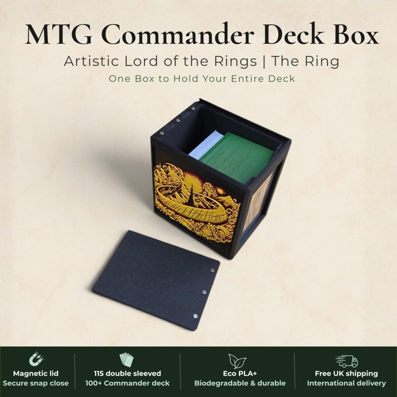 Lord of the Rings One Ring Commander deck box, black magnetic card vault with gold burning ring art, fits 115 double sleeved cards, MTG Commander EDH, Magic the Gathering, One Piece TCG, Disney Lorcana, Pokemon TCG, Flesh and Blood, tolkien fantasy gift, LOTR deck box, middle earth, top loader included, made in UK Rotherham