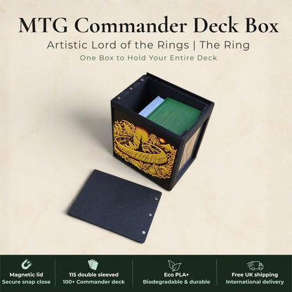 Lord of the Rings One Ring Commander deck box, black magnetic card vault with gold burning ring art, fits 115 double sleeved cards, MTG Commander EDH, Magic the Gathering, One Piece TCG, Disney Lorcana, Pokemon TCG, Flesh and Blood, tolkien fantasy gift, LOTR deck box, middle earth, top loader included, made in UK Rotherham