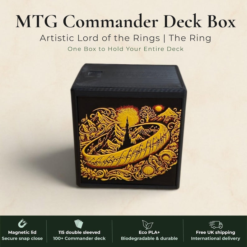 Lord of the Rings One Ring Commander deck box, black magnetic card vault with gold burning ring art, fits 115 double sleeved cards, MTG Commander EDH, Magic the Gathering, One Piece TCG, Disney Lorcana, Pokemon TCG, Flesh and Blood, tolkien fantasy gift, LOTR deck box, middle earth, top loader included, made in UK Rotherham