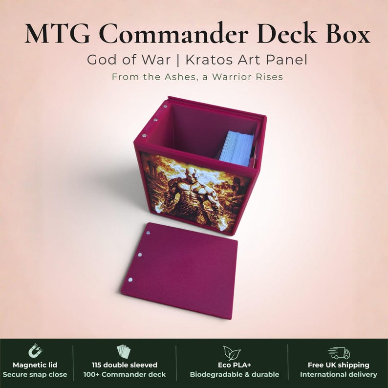 God of War Kratos MTG Commander deck box — 3D printed PLA+, handcrafted in the UK. Features a blazing golden warrior rising from flames in gold, amber and white filament art. Available in black or burgundy red, magnetic lid, holds 115+ double sleeved cards, premium top loader included. Perfect for MTG EDH, Lorcana and Pokémon TCG fans.