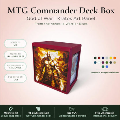 God of War Kratos MTG Commander deck box — 3D printed PLA+, handcrafted in the UK. Features a blazing golden warrior rising from flames in gold, amber and white filament art. Available in black or burgundy red, magnetic lid, holds 115+ double sleeved cards, premium top loader included. Perfect for MTG EDH, Lorcana and Pokémon TCG fans.