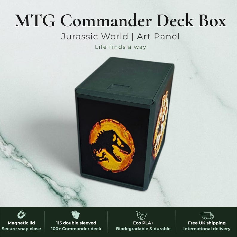 Jurassic Park Jurassic World dinosaur Commander deck box, black magnetic card vault with green prehistoric T-Rex dinosaur art, fits 115 double sleeved cards, MTG Commander EDH, Magic the Gathering, One Piece TCG, Disney Lorcana, Pokemon TCG, Flesh and Blood, Yu-Gi-Oh, dinosaur gift, tabletop gaming gift, made in UK Rotherham