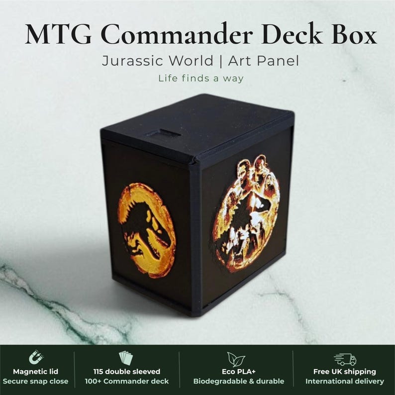 Jurassic Park Jurassic World dinosaur Commander deck box, black magnetic card vault with green prehistoric T-Rex dinosaur art, fits 115 double sleeved cards, MTG Commander EDH, Magic the Gathering, One Piece TCG, Disney Lorcana, Pokemon TCG, Flesh and Blood, Yu-Gi-Oh, dinosaur gift, tabletop gaming gift, made in UK Rotherham