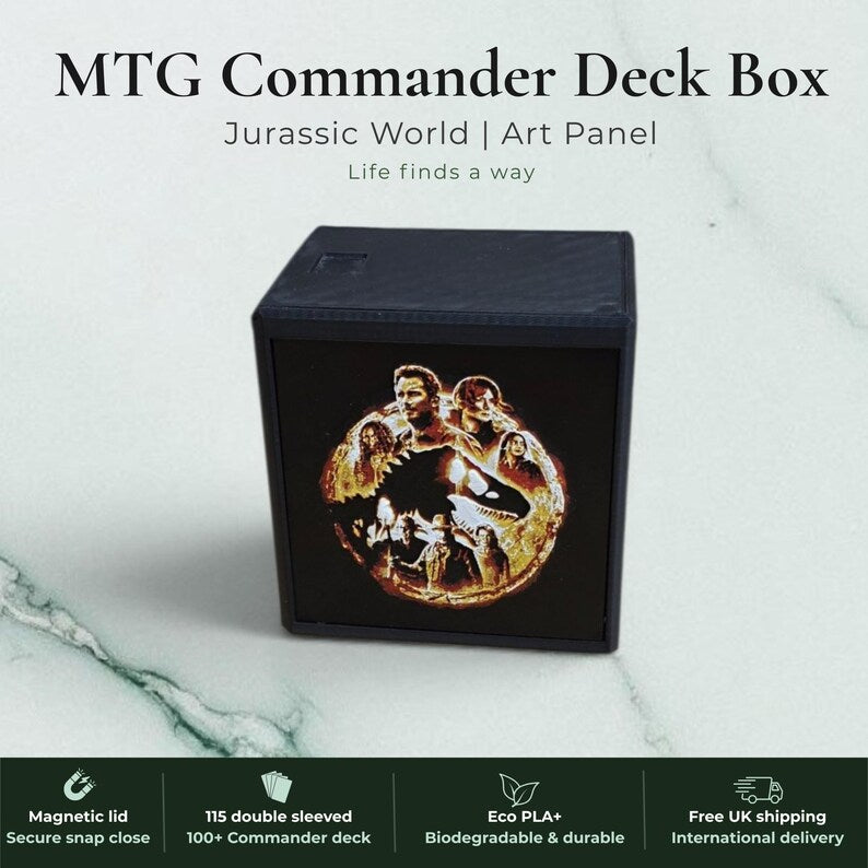 Jurassic Park Jurassic World dinosaur Commander deck box, black magnetic card vault with green prehistoric T-Rex dinosaur art, fits 115 double sleeved cards, MTG Commander EDH, Magic the Gathering, One Piece TCG, Disney Lorcana, Pokemon TCG, Flesh and Blood, Yu-Gi-Oh, dinosaur gift, tabletop gaming gift, made in UK Rotherham