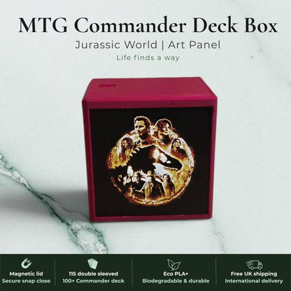 Jurassic Park Jurassic World dinosaur Commander deck box, black magnetic card vault with green prehistoric T-Rex dinosaur art, fits 115 double sleeved cards, MTG Commander EDH, Magic the Gathering, One Piece TCG, Disney Lorcana, Pokemon TCG, Flesh and Blood, Yu-Gi-Oh, dinosaur gift, tabletop gaming gift, made in UK Rotherham