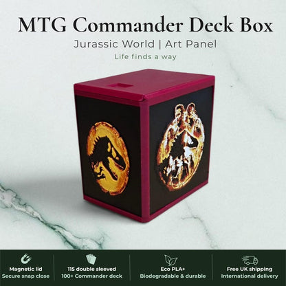 Jurassic Park Jurassic World dinosaur Commander deck box, black magnetic card vault with green prehistoric T-Rex dinosaur art, fits 115 double sleeved cards, MTG Commander EDH, Magic the Gathering, One Piece TCG, Disney Lorcana, Pokemon TCG, Flesh and Blood, Yu-Gi-Oh, dinosaur gift, tabletop gaming gift, made in UK Rotherham