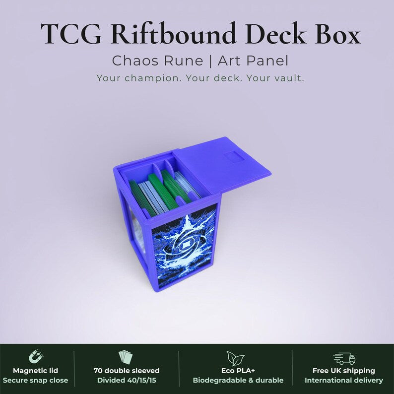 Glyphbound Chaos Rune Riftbound Magnetic TCG Deck Box | HueForge Multi-Colour Art Panel | Purple Chaos Rune Edition | Compatible with Riftbound, Pokémon TCG, Yu-Gi-Oh! and MTG Draft | Holds 70 Double Sleeved Cards | UK Made by Origin·S Studio Rotherham | Gift for TCG Player