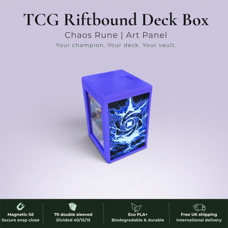 Glyphbound Chaos Rune Riftbound Magnetic TCG Deck Box | HueForge Multi-Colour Art Panel | Purple Chaos Rune Edition | Compatible with Riftbound, Pokémon TCG, Yu-Gi-Oh! and MTG Draft | Holds 70 Double Sleeved Cards | UK Made by Origin·S Studio Rotherham | Gift for TCG Player
