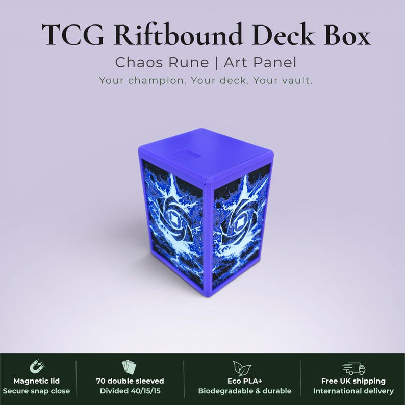 Glyphbound Chaos Rune Riftbound Magnetic TCG Deck Box | HueForge Multi-Colour Art Panel | Purple Chaos Rune Edition | Compatible with Riftbound, Pokémon TCG, Yu-Gi-Oh! and MTG Draft | Holds 70 Double Sleeved Cards | UK Made by Origin·S Studio Rotherham | Gift for TCG Player
