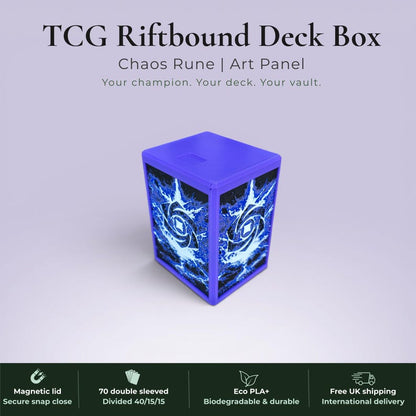 Glyphbound Chaos Rune Riftbound Magnetic TCG Deck Box | HueForge Multi-Colour Art Panel | Purple Chaos Rune Edition | Compatible with Riftbound, Pokémon TCG, Yu-Gi-Oh! and MTG Draft | Holds 70 Double Sleeved Cards | UK Made by Origin·S Studio Rotherham | Gift for TCG Player