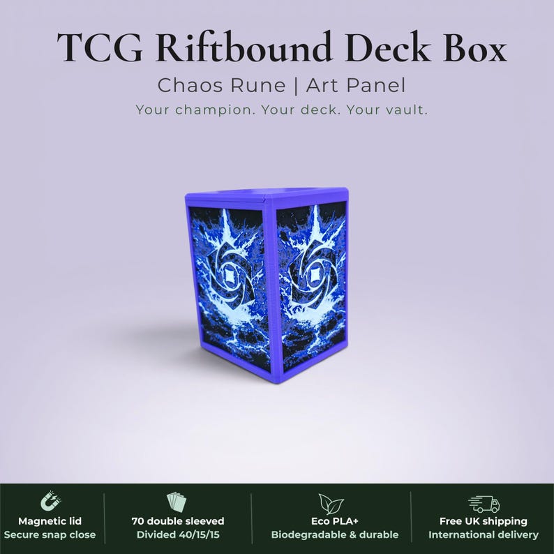 Glyphbound Chaos Rune Riftbound Magnetic TCG Deck Box | HueForge Multi-Colour Art Panel | Purple Chaos Rune Edition | Compatible with Riftbound, Pokémon TCG, Yu-Gi-Oh! and MTG Draft | Holds 70 Double Sleeved Cards | UK Made by Origin·S Studio Rotherham | Gift for TCG Player