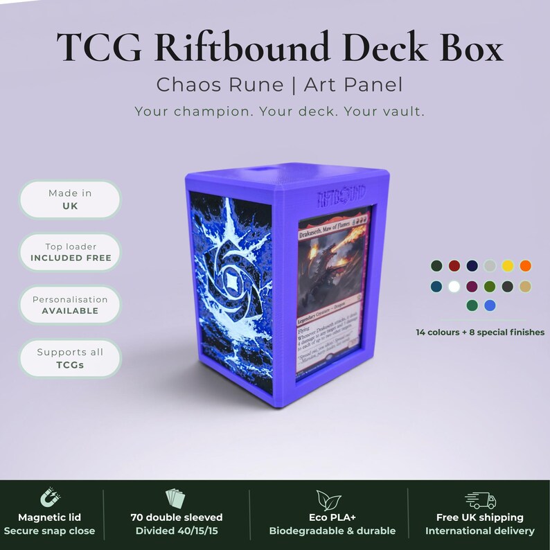 Glyphbound Chaos Rune Riftbound Magnetic TCG Deck Box | HueForge Multi-Colour Art Panel | Purple Chaos Rune Edition | Compatible with Riftbound, Pokémon TCG, Yu-Gi-Oh! and MTG Draft | Holds 70 Double Sleeved Cards | UK Made by Origin·S Studio Rotherham | Gift for TCG Player