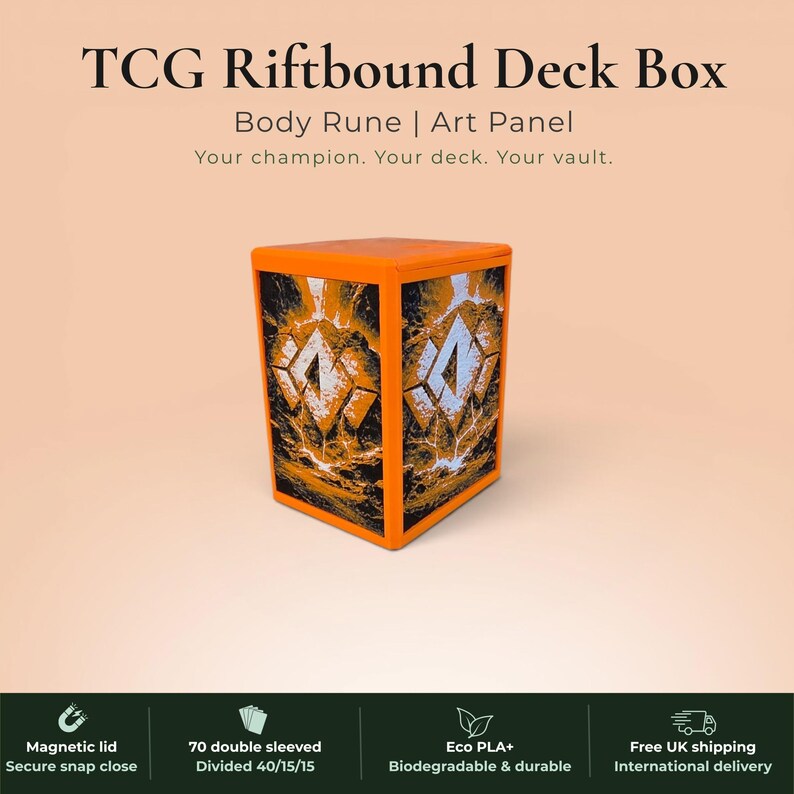 Glyphbound Body Rune Riftbound Magnetic TCG Deck Box | HueForge Multi-Colour Art Panel | Orange Body Rune Edition | Compatible with Riftbound, Pokémon TCG, Yu-Gi-Oh! and MTG Draft | Holds 70 Double Sleeved Cards | UK Made by Origin·S Studio Rotherham | Gift for TCG Player