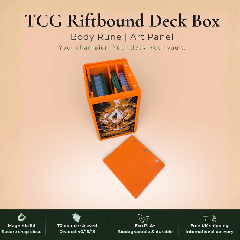 Glyphbound Body Rune Riftbound Magnetic TCG Deck Box | HueForge Multi-Colour Art Panel | Orange Body Rune Edition | Compatible with Riftbound, Pokémon TCG, Yu-Gi-Oh! and MTG Draft | Holds 70 Double Sleeved Cards | UK Made by Origin·S Studio Rotherham | Gift for TCG Player