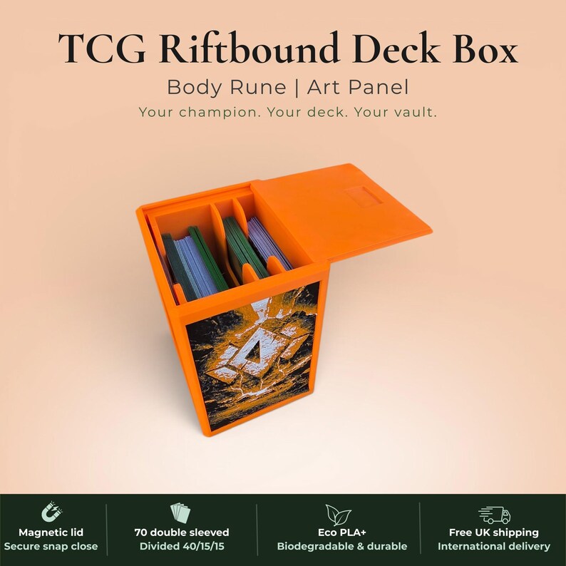 Glyphbound Body Rune Riftbound Magnetic TCG Deck Box | HueForge Multi-Colour Art Panel | Orange Body Rune Edition | Compatible with Riftbound, Pokémon TCG, Yu-Gi-Oh! and MTG Draft | Holds 70 Double Sleeved Cards | UK Made by Origin·S Studio Rotherham | Gift for TCG Player