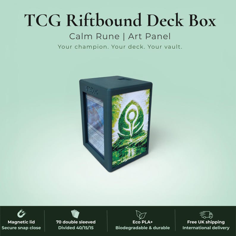 Glyphbound Mind Rune Riftbound Magnetic TCG Deck Box | HueForge Multi-Colour Art Panel | Blue Mind Rune Edition | Compatible with Riftbound, Pokémon TCG, Yu-Gi-Oh! and MTG Draft | Holds 70 Double Sleeved Cards | UK Made by Origin·S Studio Rotherham | Gift for TCG Player