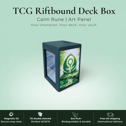 Glyphbound Mind Rune Riftbound Magnetic TCG Deck Box | HueForge Multi-Colour Art Panel | Blue Mind Rune Edition | Compatible with Riftbound, Pokémon TCG, Yu-Gi-Oh! and MTG Draft | Holds 70 Double Sleeved Cards | UK Made by Origin·S Studio Rotherham | Gift for TCG Player