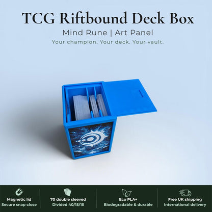 Glyphbound Mind Rune Riftbound Magnetic TCG Deck Box | HueForge Multi-Colour Art Panel | Blue Mind Rune Edition | Compatible with Riftbound, Pokémon TCG, Yu-Gi-Oh! and MTG Draft | Holds 70 Double Sleeved Cards | UK Made by Origin·S Studio Rotherham | Gift for TCG Player